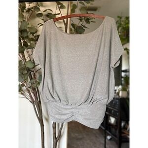 Express Silver Metallic Shimmer Blouson Top Boat Neck Gathered Hem Womens Medium